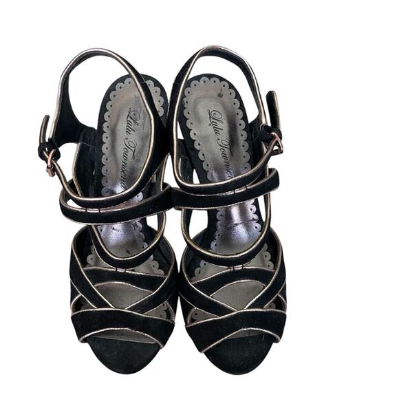 Lulu Townsend High Heeled Faux Suede Strappy Platform Sandals Black Gold 6 M - Picture 8 of 8